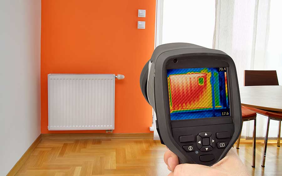 Thermal imaging camera detecting heat loss on a radiator during a home inspection.